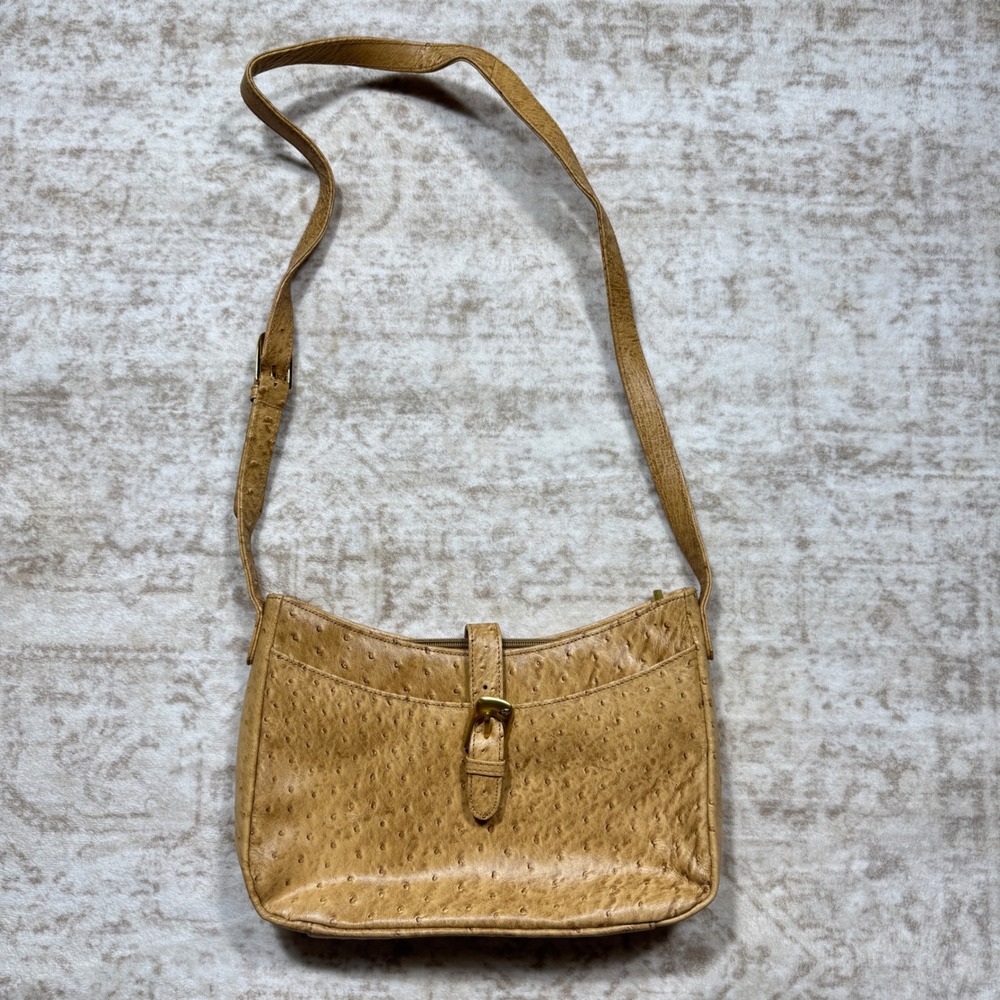 Stone Mountain Ostrich Embossed Shoulder Bag Womens Medium Tan Excellent Buckle